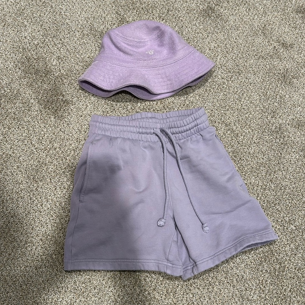 Aritzia purple shorts and hat set